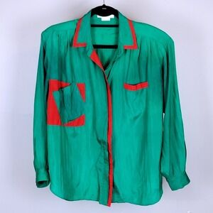 80s Nemus Silk Colorblock Button Down Shirt Green Red Womens 4